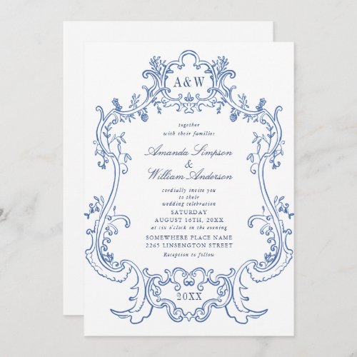 Elegant Baroque Dusty Blue Ornate Frame Wedding Invitation