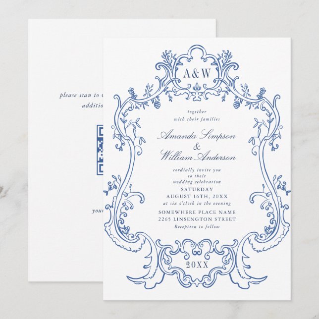 Elegant Baroque Dusty Blue Ornate Frame Wedding Invitation (Front/Back)