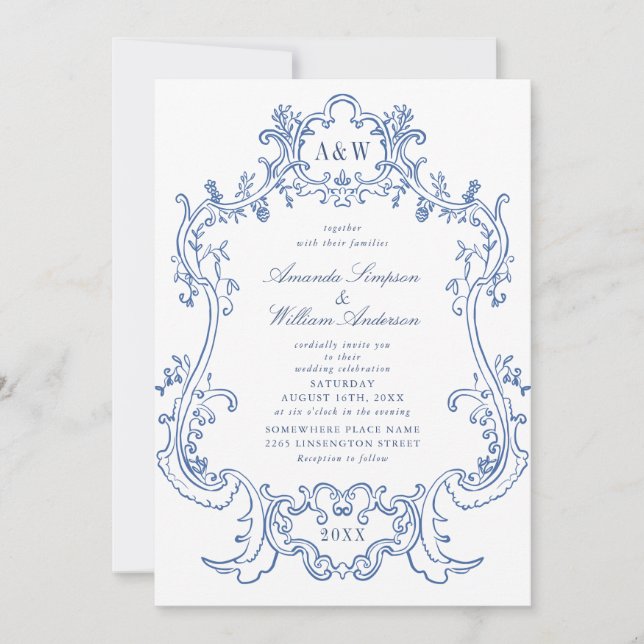 Elegant Baroque Dusty Blue Ornate Frame Wedding Invitation (Front)