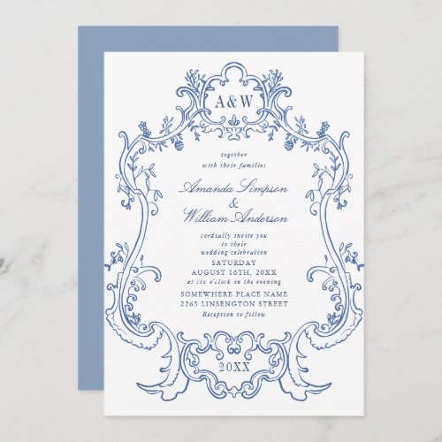 Elegant Baroque Dusty Blue Ornate Frame Wedding Invitation