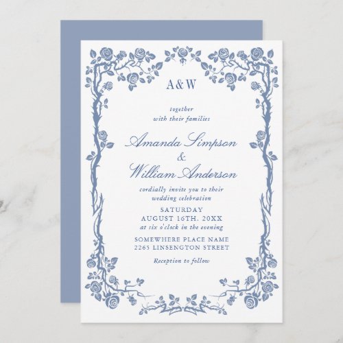 Elegant Baroque Dusty Blue Roses Wedding Invitation