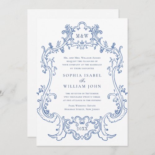 Elegant Baroque Dusty Blue Vintage Frame Wedding Invitation