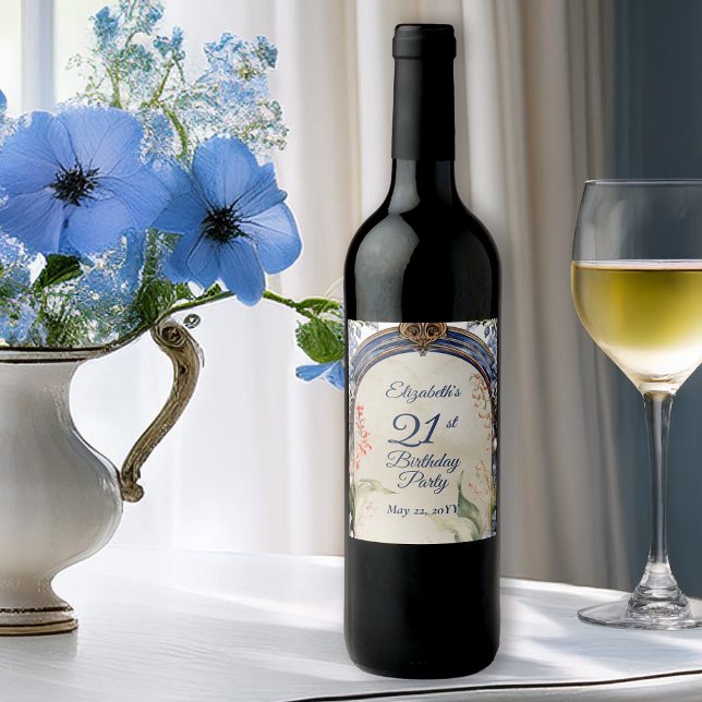 Elegant Baroque Floral Arch 21st Birthday Party Wine Label (Elegant Baroque Floral Frame 21st Birthday Party Wine Label)