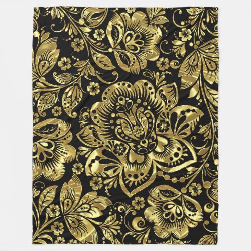 Elegant Baroque Floral Damasks In Gold  Black Fleece Blanket