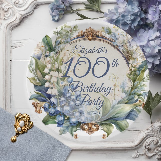 Elegant Baroque Floral Frame 100th Birthday Party Paper Plates (Elegant Baroque Lily of the Valley and Hawthorn Floral Frame 100th Birthday Party Paper Plates)