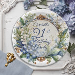 Elegant Baroque Floral Frame 21st Birthday Party Paper Plates<br><div class="desc">A stunning garden-inspired birthday party design featuring an elaborate Baroque-style decorative circular frame adorned with an elegant blend of floral motifs. The dusky blue frame is gracefully draped in delicate Lily of the Valley and Hawthorn flowers, creating a romantic and timeless atmosphere. The intricate detailing of the Baroque elements adds...</div>