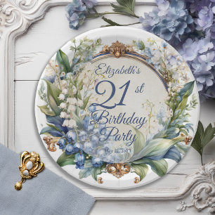 Elegant Baroque Floral Frame 21st Birthday Party Paper Plates