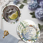 Elegant Baroque Floral Frame 21st Birthday Party Round Paper Coaster<br><div class="desc">A stunning garden-inspired birthday party design featuring an elaborate Baroque-style decorative circular frame adorned with an elegant blend of floral motifs. The dusky blue frame is gracefully draped in delicate Lily of the Valley and Hawthorn flowers, creating a romantic and timeless atmosphere. The intricate detailing of the Baroque elements adds...</div>