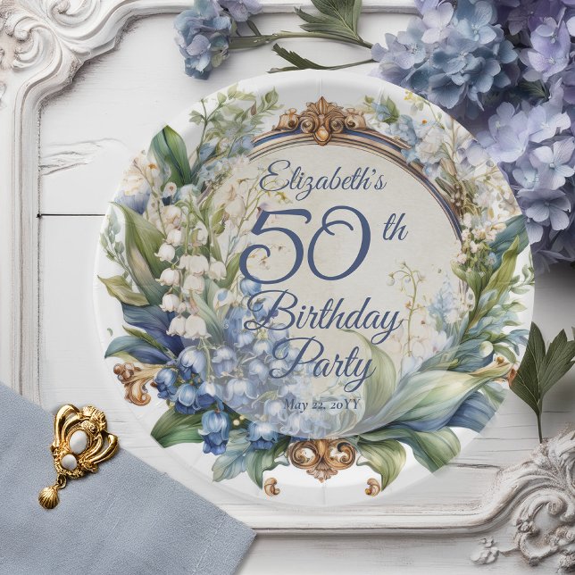 Elegant Baroque Floral Frame 50th Birthday Party Paper Plates (Elegant Baroque Lily of the Valley and Hawthorn Floral Frame 50th Birthday Party Paper Plates)
