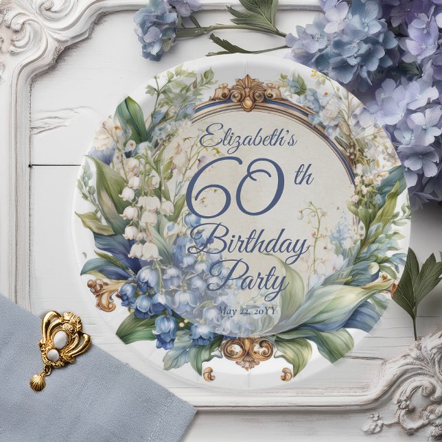 Elegant Baroque Floral Frame 60th Birthday Party Paper Plates (Elegant Baroque Lily of the Valley and Hawthorn Floral Frame 60th Birthday Party Paper Plates)