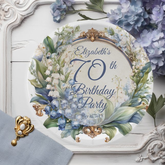 Elegant Baroque Floral Frame 70th Birthday Party Paper Plates (Elegant Baroque Lily of the Valley and Hawthorn Floral Frame 70th Birthday Party Paper Plates)