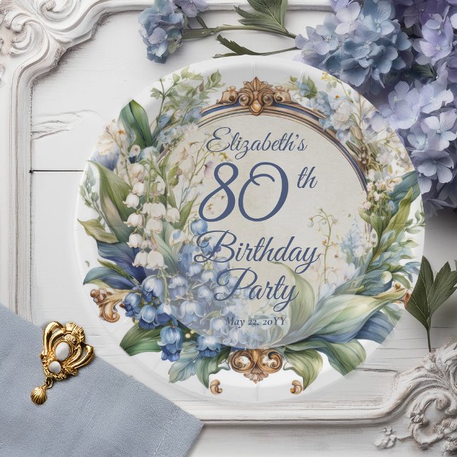 Elegant Baroque Floral Frame 80th Birthday Party Paper Plates (Elegant Baroque Lily of the Valley and Hawthorn Floral Frame 80th Birthday Party Paper Plates)