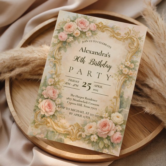 Elegant Baroque Floral Frame 90th Birthday Invitation (Creator Uploaded)