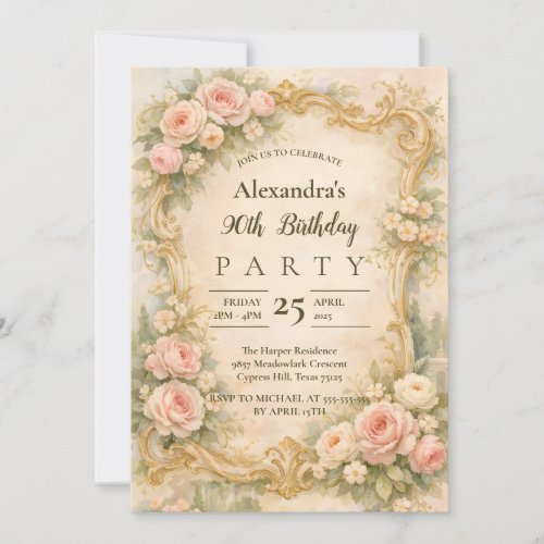 Elegant Baroque Floral Frame 90th Birthday Invitation
