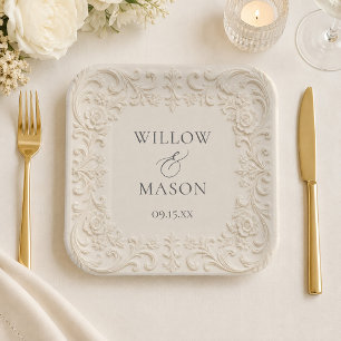 Elegant Baroque Floral Ivory Scrollwork Wedding Paper Plates
