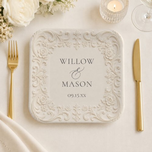 Elegant Baroque Floral Ivory Scrollwork Wedding Paper Plates
