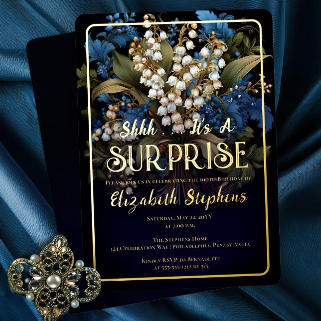 Elegant Baroque Floral Surprise 100th Birthday Foil Invitation (Elegant Baroque Style Dark Moody Blue | White Floral SURPRISE 100th Birthday Party Gold Foil Invite)