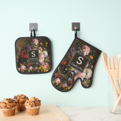 Elegant Baroque Flowers Still Life Art Painting Oven Mitt  Pot Holder Set