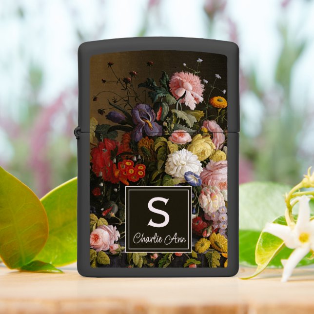 Elegant Baroque Flowers Still Life Art Painting Zippo Lighter (On Table)