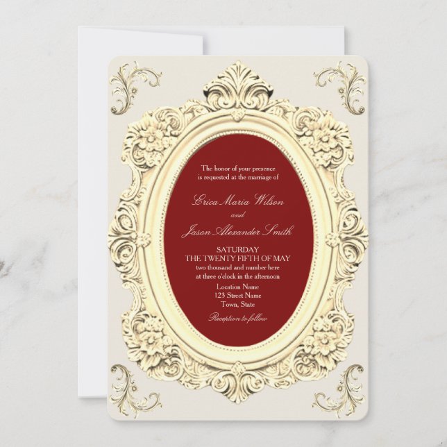 Elegant Baroque Gold and Burgundy Wedding Invitation (Front)
