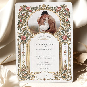 Elegant Baroque Gold Floral Photo Wedding Invitation