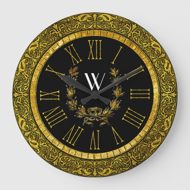 Elegant Baroque Gold Wreath Monogram Large Clock (Front)