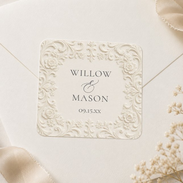 Elegant Baroque Ivory Floral Scrollwork Wedding  Square Sticker (Elegant Baroque Ivory Floral Scrollwork Wedding Square Sticker)