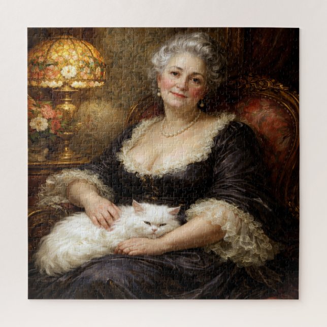 Elegant Baroque Lady Posing with White Cat Jigsaw Puzzle (Vertical)