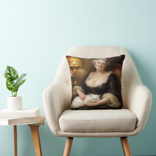 Elegant Baroque Lady Posing with White Cat Throw Pillow