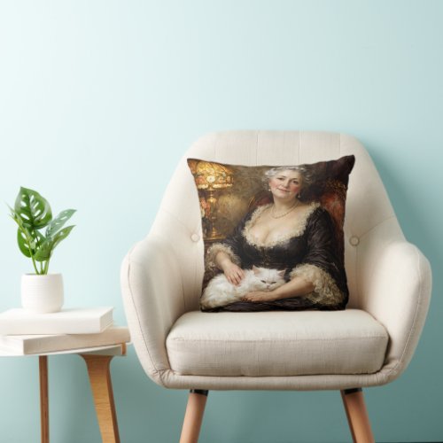 Elegant Baroque Lady Posing with White Cat Throw Pillow