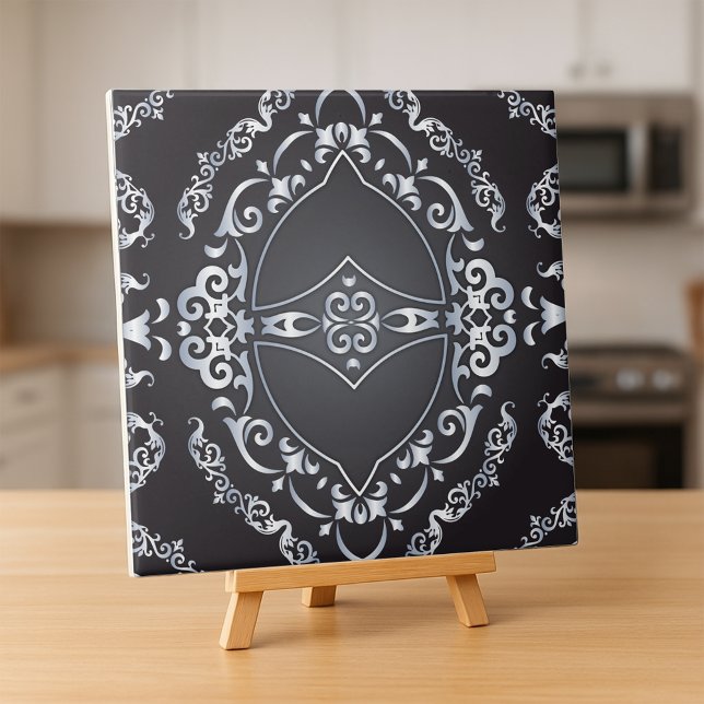 Elegant Baroque Luxury Chic Black & Silver Border  Ceramic Tile (Creator Uploaded)
