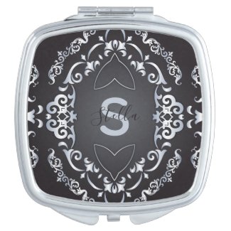 Elegant Baroque Luxury Chic Black & Silver Name  Compact Mirror