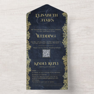 Elegant Baroque Navy And Gold Classy Chic Wedding  All In One Invitation