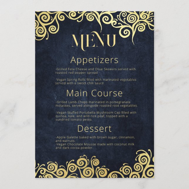 Elegant Baroque Navy And Gold Classy Chic Wedding  Menu (Front)