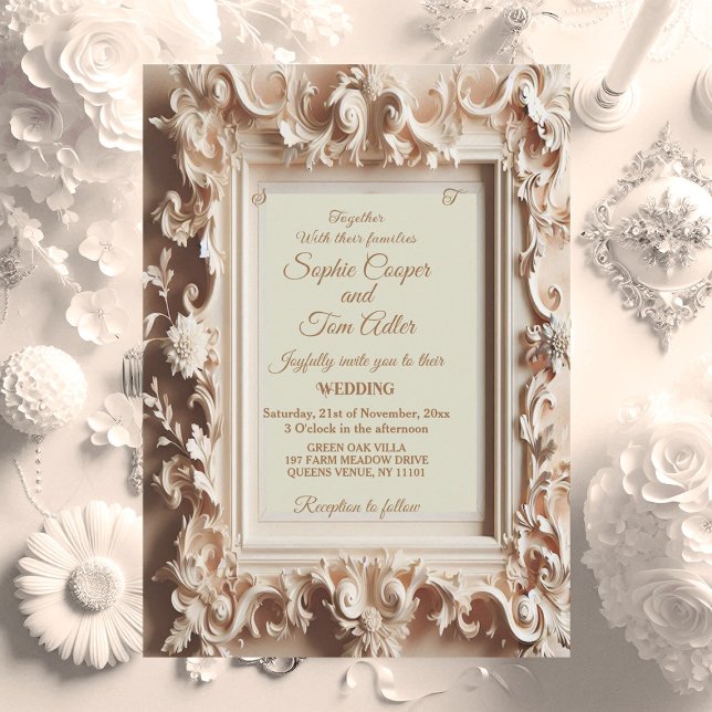 Elegant Baroque Opulence Peach Gold Frame Wedding  Invitation (Elegant Baroque Opulence Peach Gold Frame Wedding Invitation)
