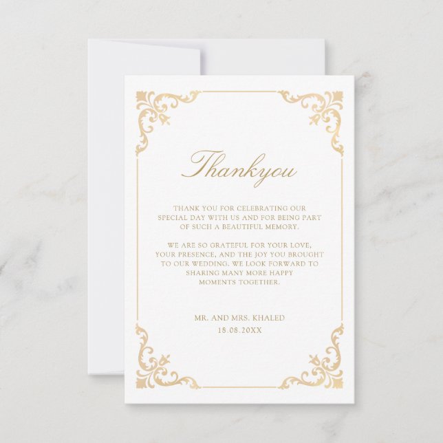 Elegant Baroque Rococo Frame Gold Script Wedding Thank You Card (Front)