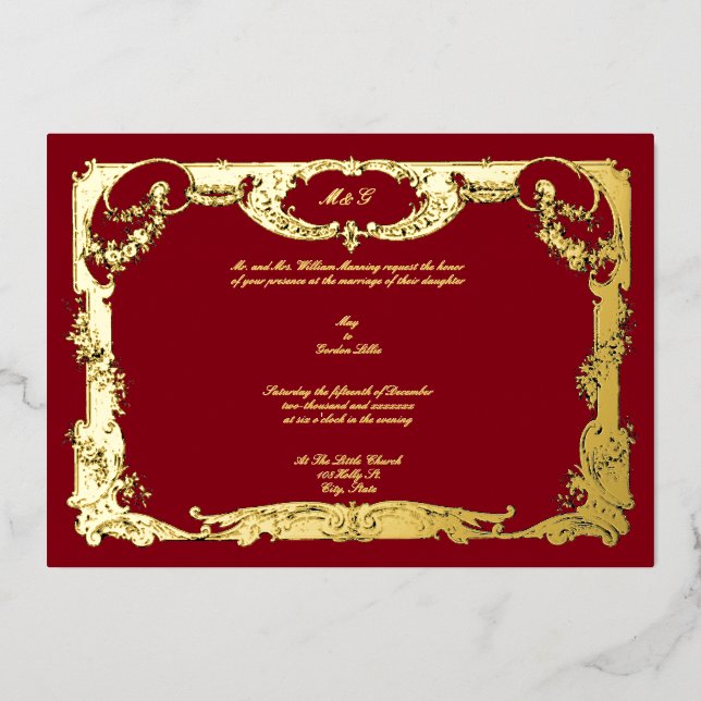 Elegant Baroque Rococo Rose Floral Border Wedding Foil Invitation (Front)