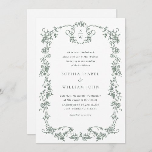 Elegant Baroque Sage French Garden Floral Wedding Invitation