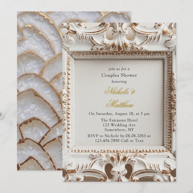 Elegant Baroque Style White Gold Couples Shower Invitation (Front/Back)