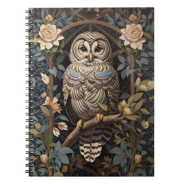Elegant Barred Owl William Morris Inspired Notebook (Front)