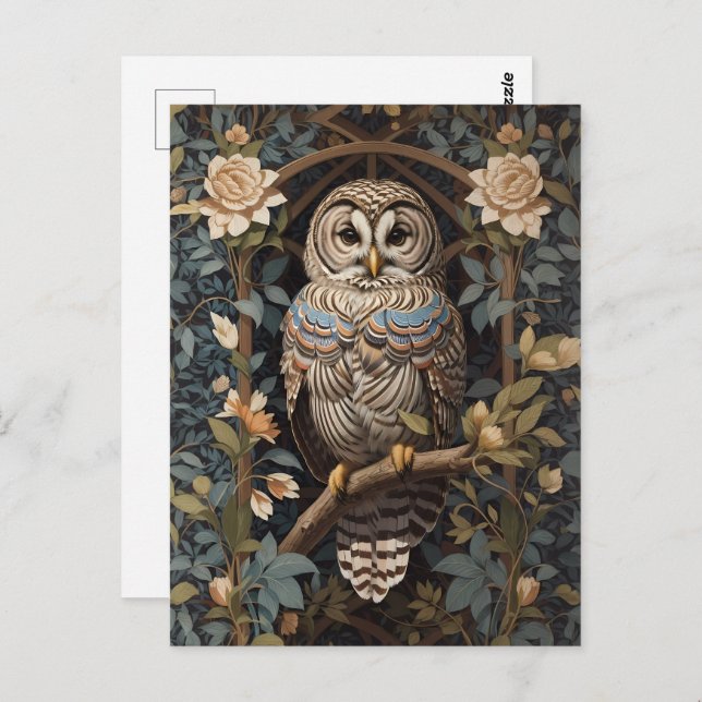 Elegant Barred Owl William Morris Inspired Postcard (Front/Back)