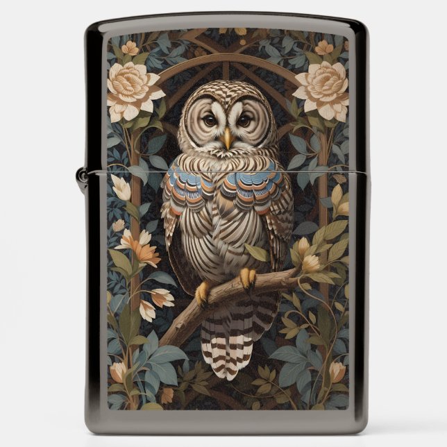 Elegant Barred Owl William Morris Inspired Zippo Lighter (Front)