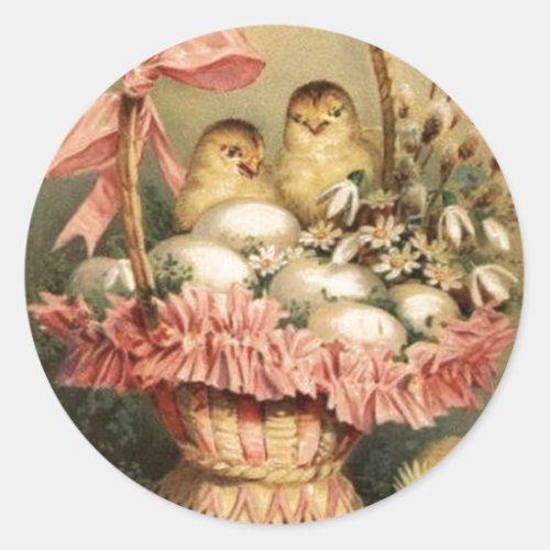 ELEGANT BASKET CHICKENSFLOWERS AND EASTER EGGS CLASSIC ROUND STICKER