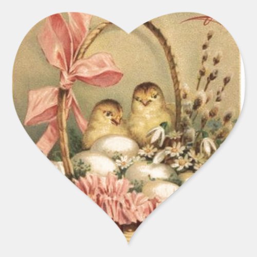 ELEGANT BASKET CHICKENSFLOWERS AND EASTER EGGS HEART STICKER