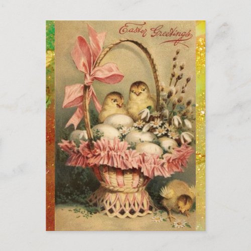 ELEGANT BASKET CHICKENSFLOWERS AND EASTER EGGS HOLIDAY POSTCARD