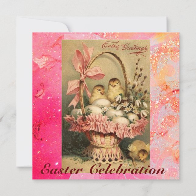 ELEGANT BASKET ,CHICKENS,FLOWERS AND EASTER EGGS INVITATION (Front)