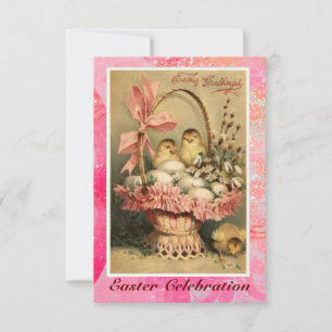ELEGANT BASKET ,CHICKENS,FLOWERS AND EASTER EGGS INVITATION