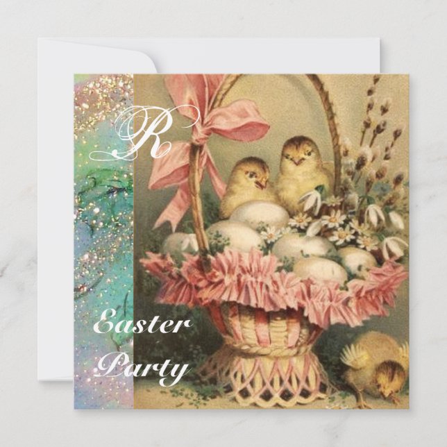 ELEGANT BASKET ,CHICKENS,FLOWERS AND EASTER EGGS INVITATION (Front)