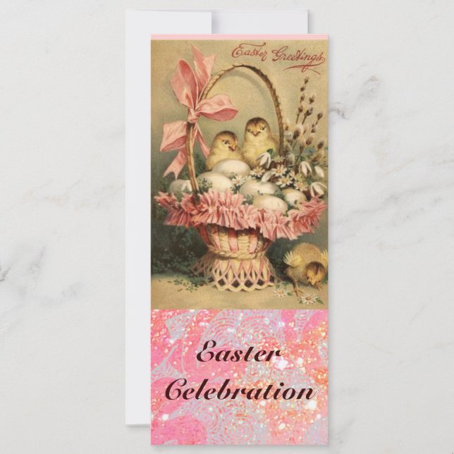 ELEGANT BASKET ,CHICKENS,FLOWERS AND EASTER EGGS INVITATION (Front)