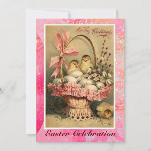 ELEGANT BASKET CHICKENSFLOWERS AND EASTER EGGS INVITATION